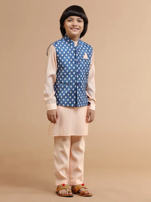 Printed blue and peach silk waistcoat set
