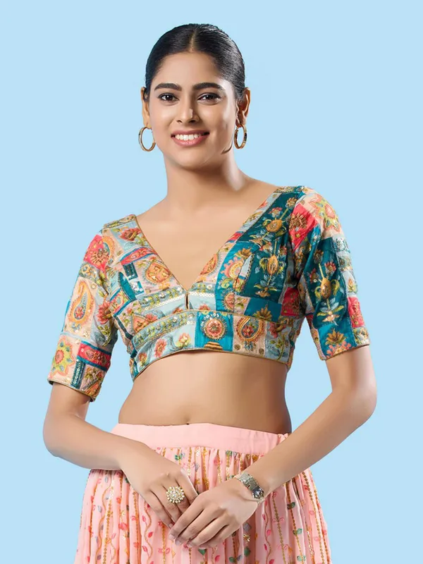 Printed blue brocade blouse
