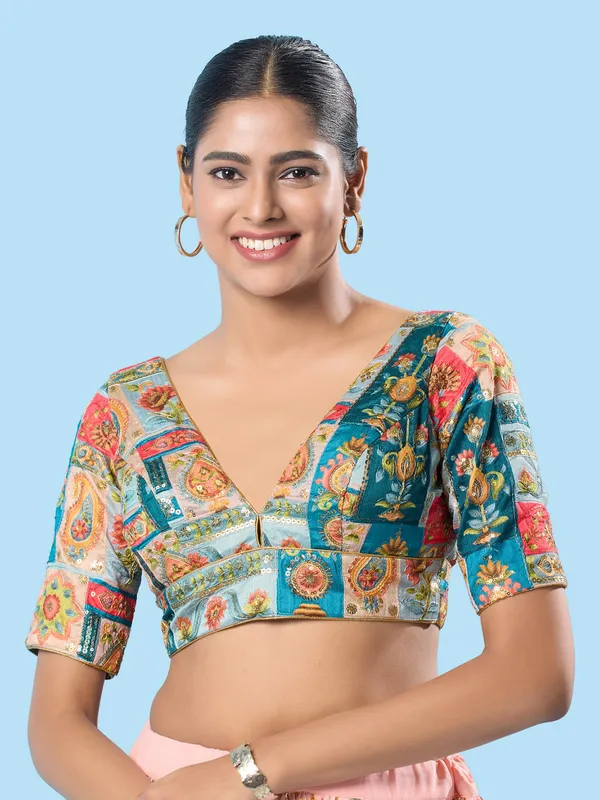 Printed blue brocade blouse