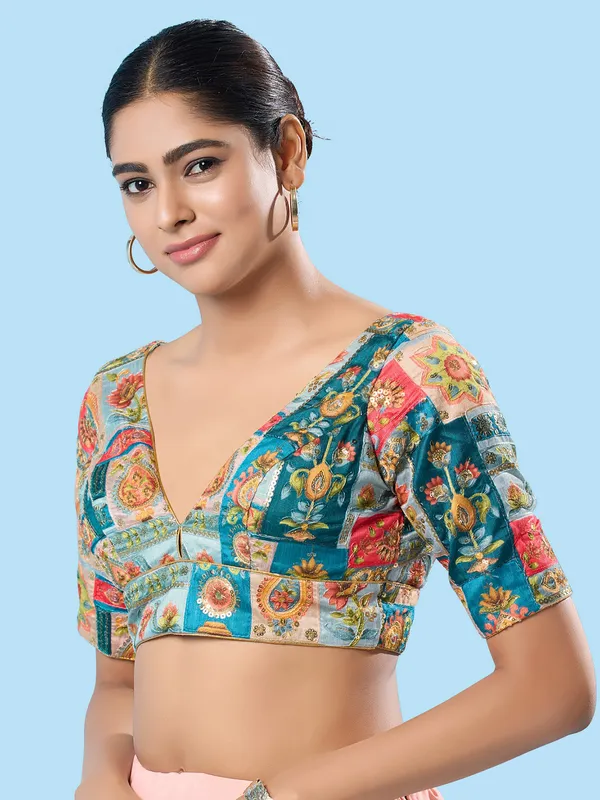 Printed blue brocade blouse