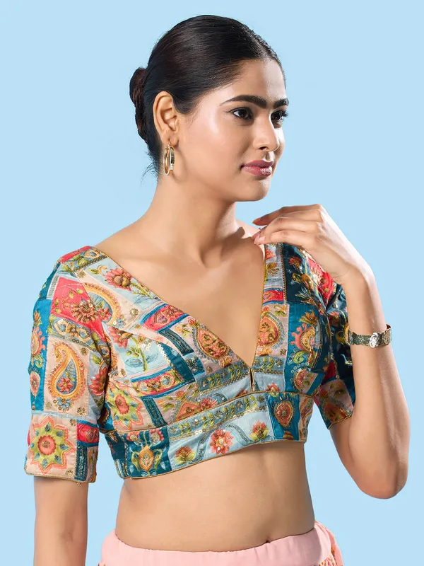 Printed blue brocade blouse