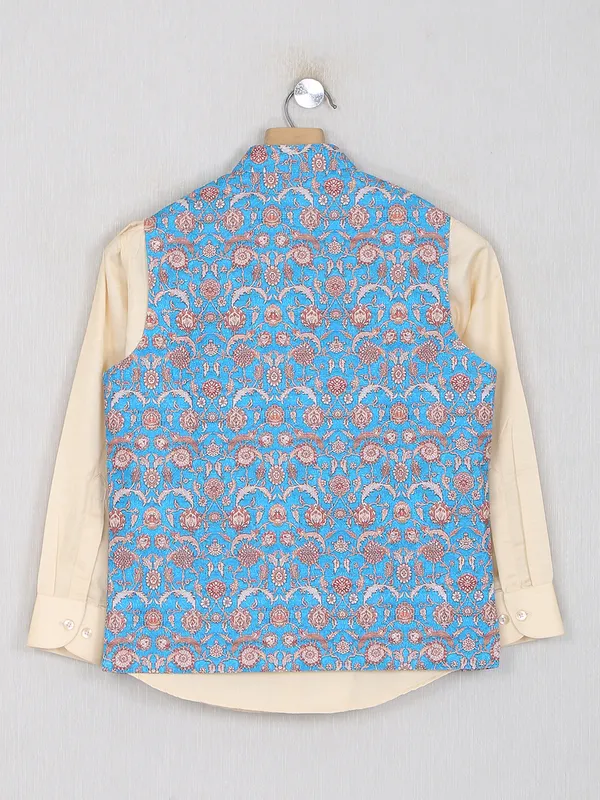 Printed blue color boys cotton silk waistcoat