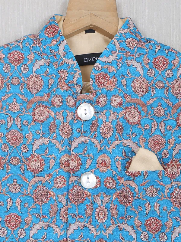 Printed blue color boys cotton silk waistcoat