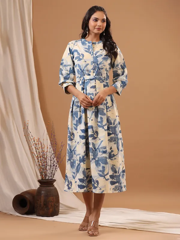 Printed blue cotton casual long kurti