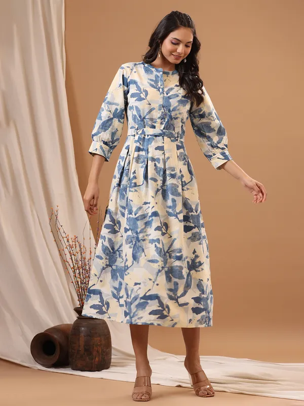 Printed blue cotton casual long kurti