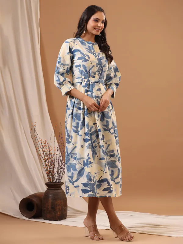 Printed blue cotton casual long kurti