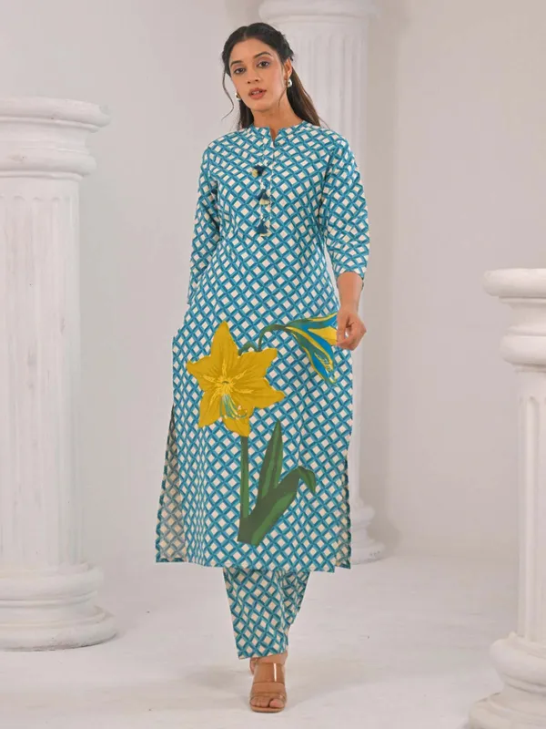 Printed blue cotton silk kurti set