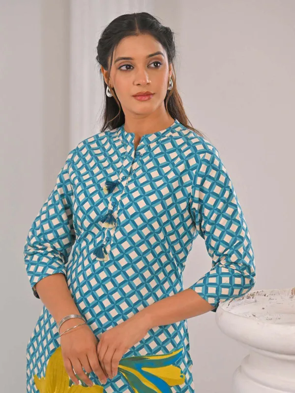 Printed blue cotton silk kurti set