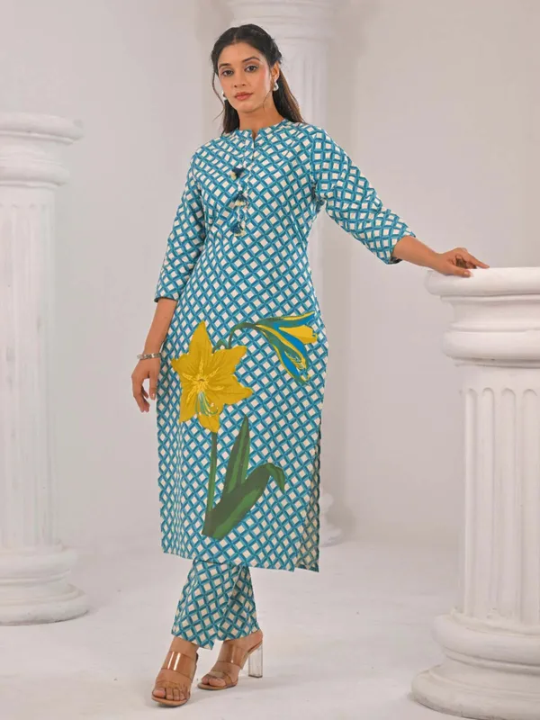 Printed blue cotton silk kurti set