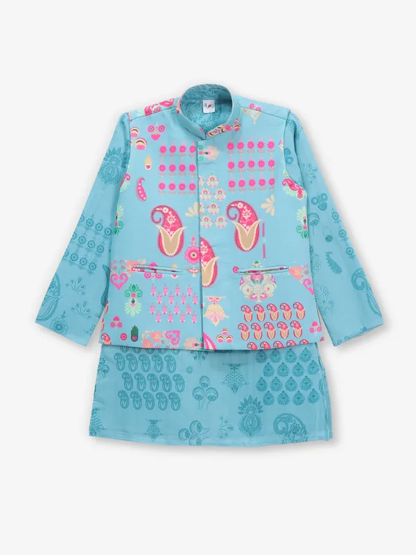 Printed blue cotton waistcoat set for boys