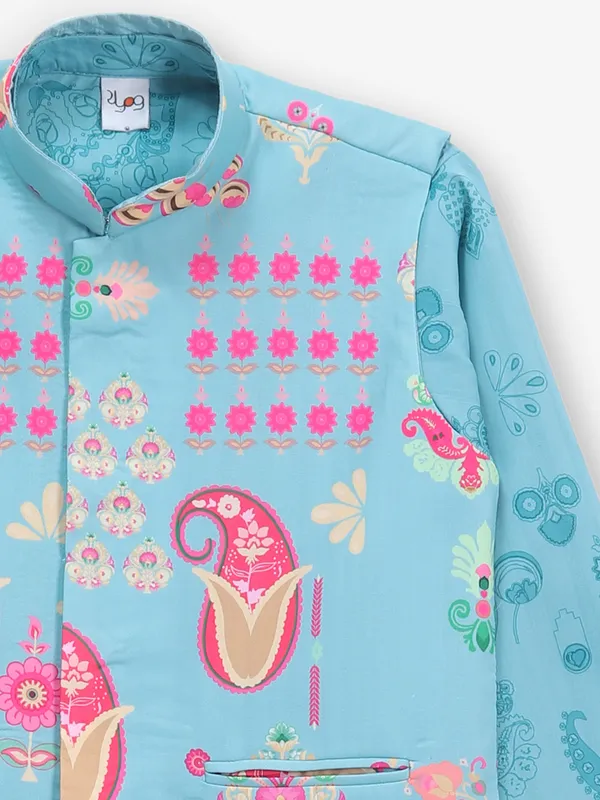 Printed blue cotton waistcoat set for boys