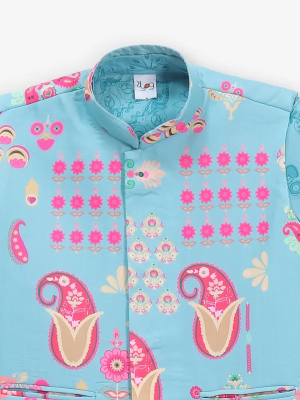 Printed blue cotton waistcoat set for boys