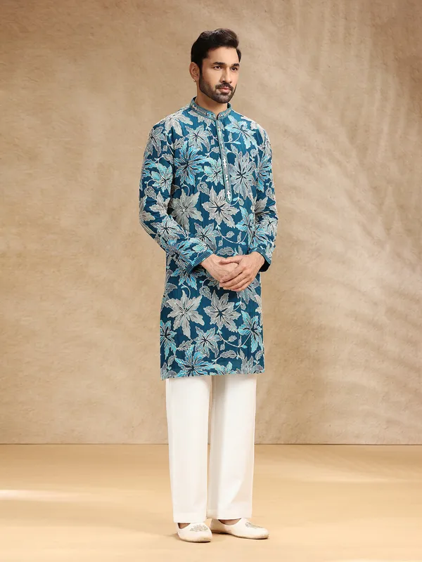 Printed blue crepe festive kurta suit for men