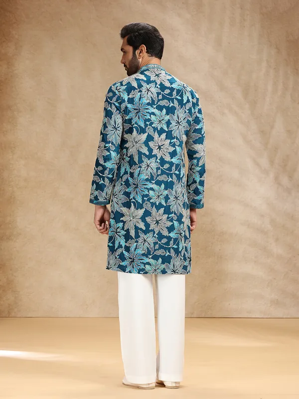 Printed blue crepe festive kurta suit for men