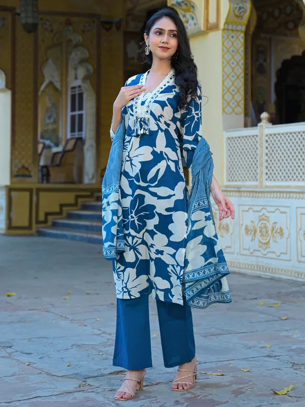 Printed blue festive cotton silk kurti set