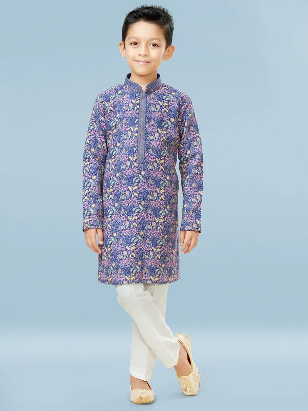 Printed blue festive style cotton kurta suit for boys