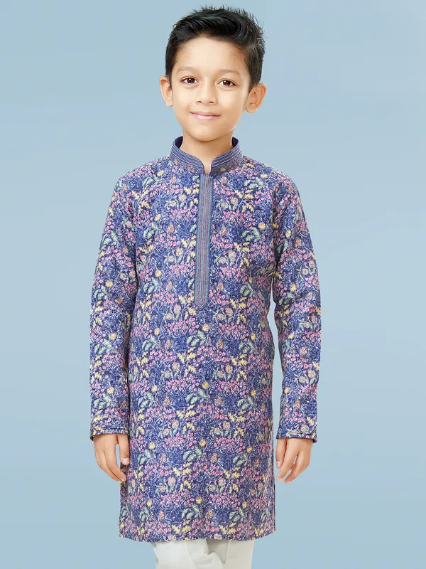 Printed blue festive style cotton kurta suit for boys