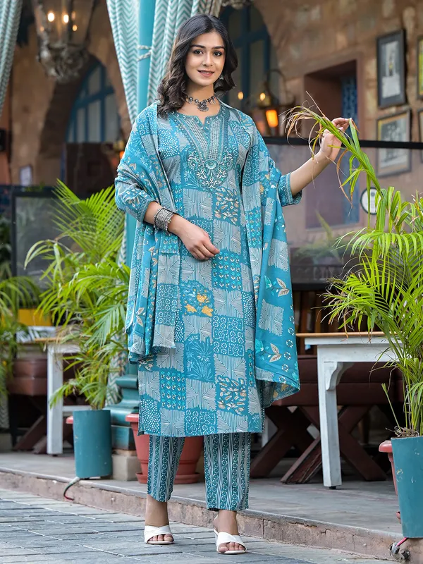 Printed blue kurti set in cotton