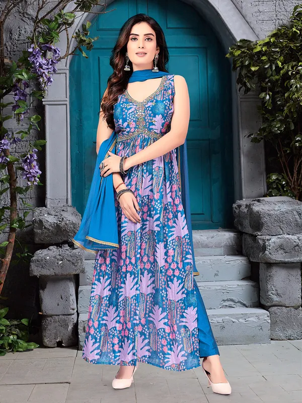 Printed blue salwar suit in silk