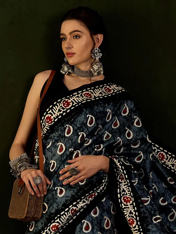 Printed blue saree in bhagalpuri silk