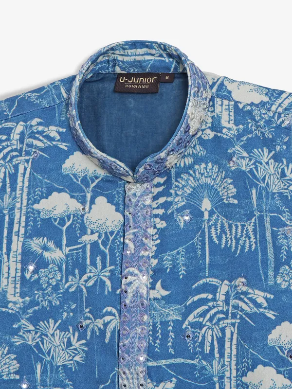Printed blue silk kurta suit