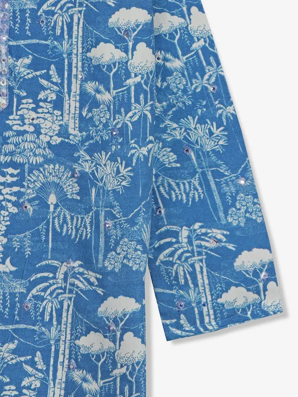 Printed blue silk kurta suit