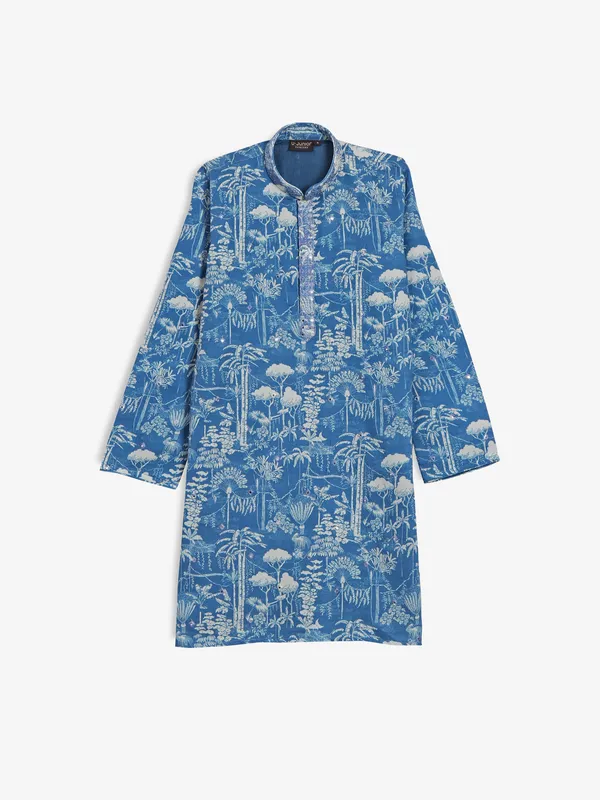 Printed blue silk kurta suit