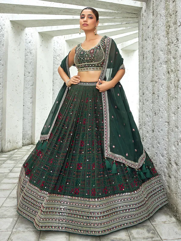 Printed bottle green lehenga choli in georgette