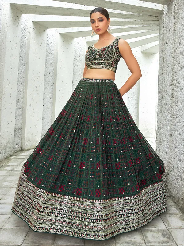 Printed bottle green lehenga choli in georgette
