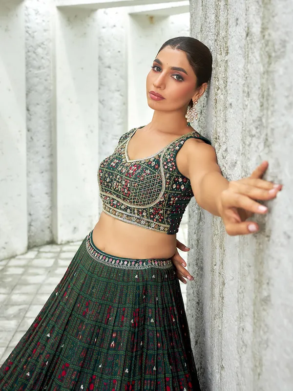 Printed bottle green lehenga choli in georgette