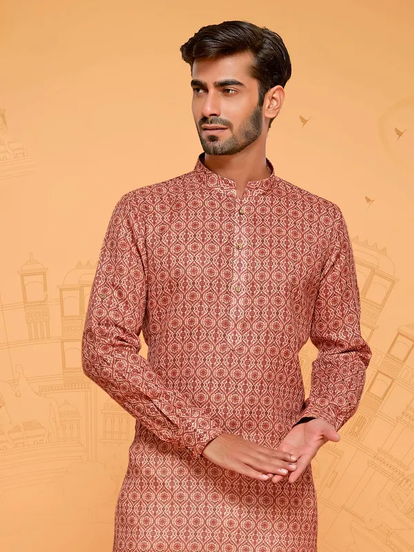 Printed brown cotton kurta suit for men