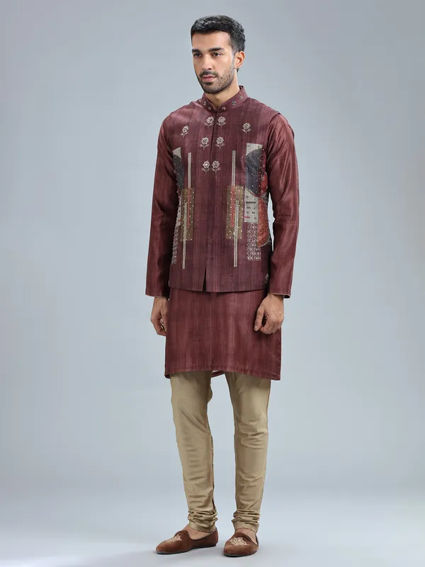 Printed brown silk waistcoat set