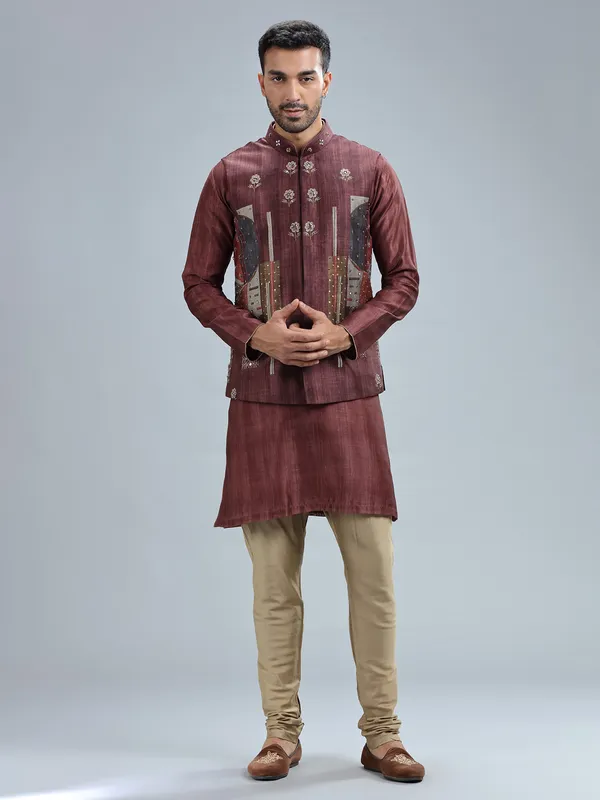 Printed brown silk waistcoat set