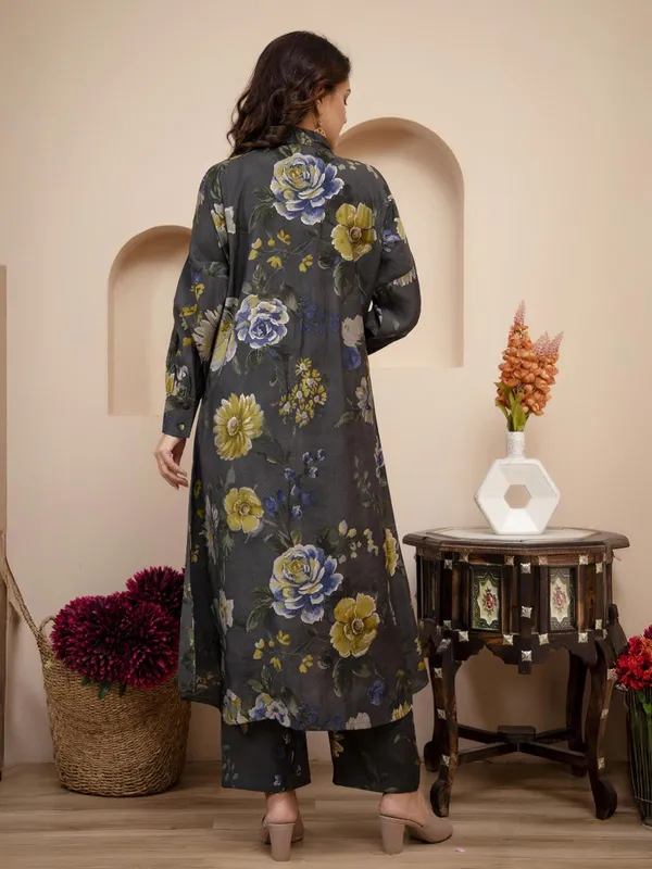Printed charcoal grey silk kurti set