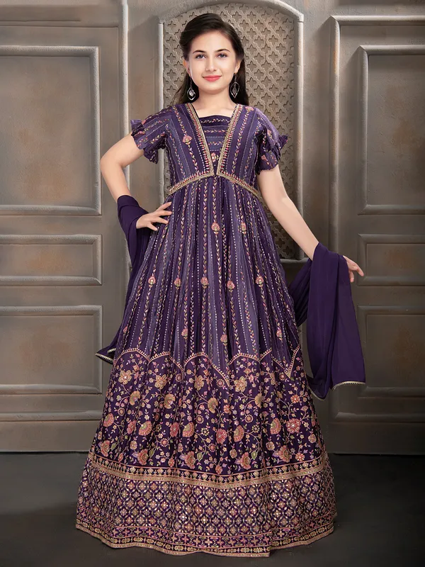 Printed chiffon purple anarkali floor length suit