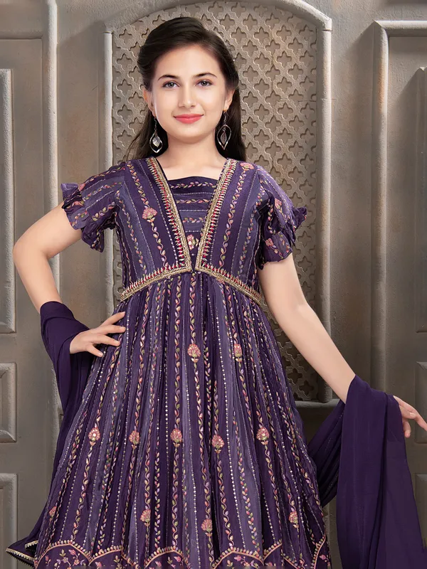Printed chiffon purple anarkali floor length suit