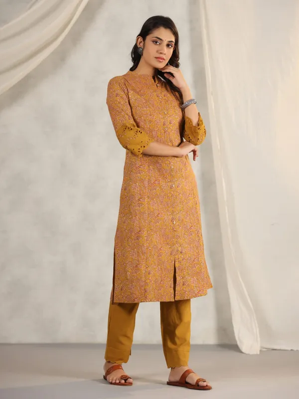 Printed cotton casual mustard yellow kurti