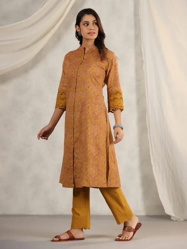 Printed cotton casual mustard yellow kurti
