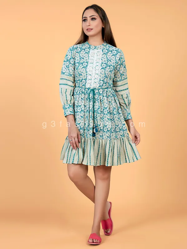 Printed cotton casual wear teal blue kurti