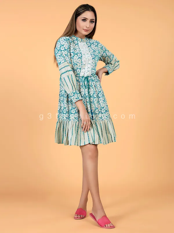 Printed cotton casual wear teal blue kurti