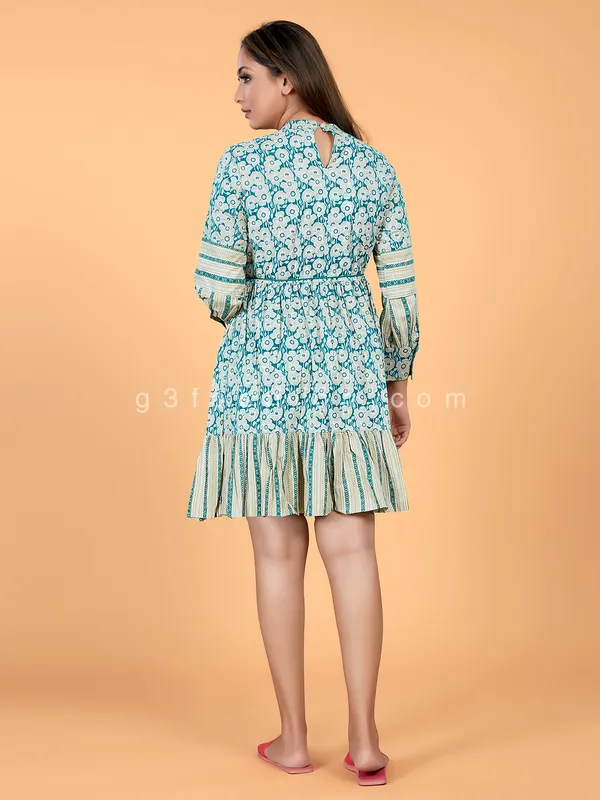 Printed cotton casual wear teal blue kurti