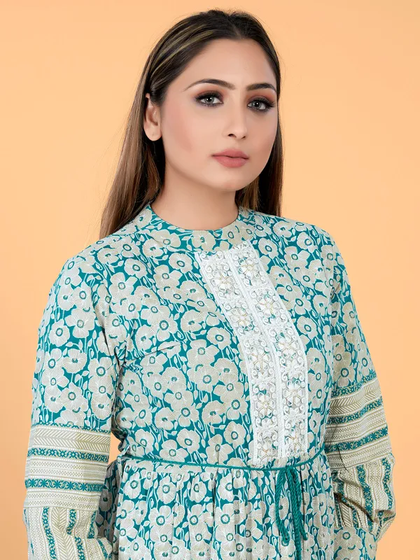 Printed cotton casual wear teal blue kurti