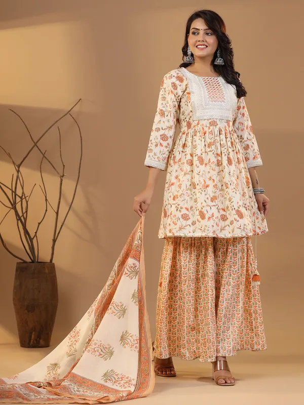 Printed cotton cream sharara set