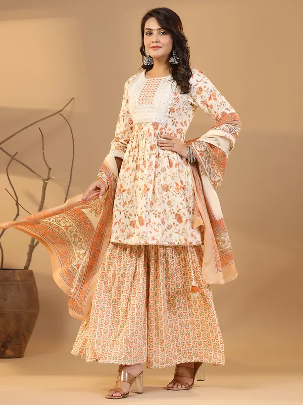 Printed cotton cream sharara set