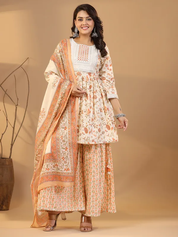 Printed cotton cream sharara set