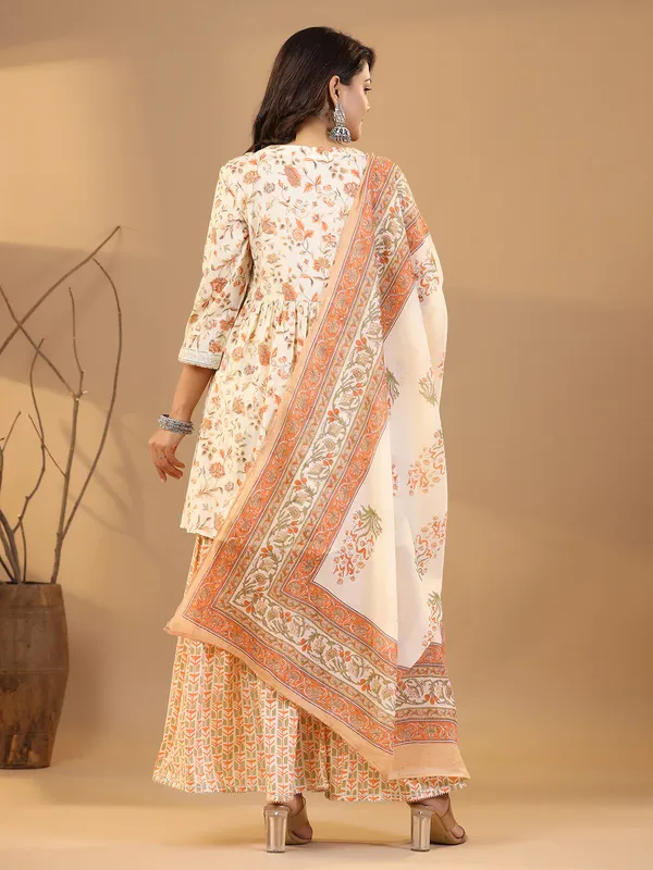 Printed cotton cream sharara set