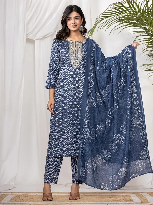 Printed cotton dark blue kurti set
