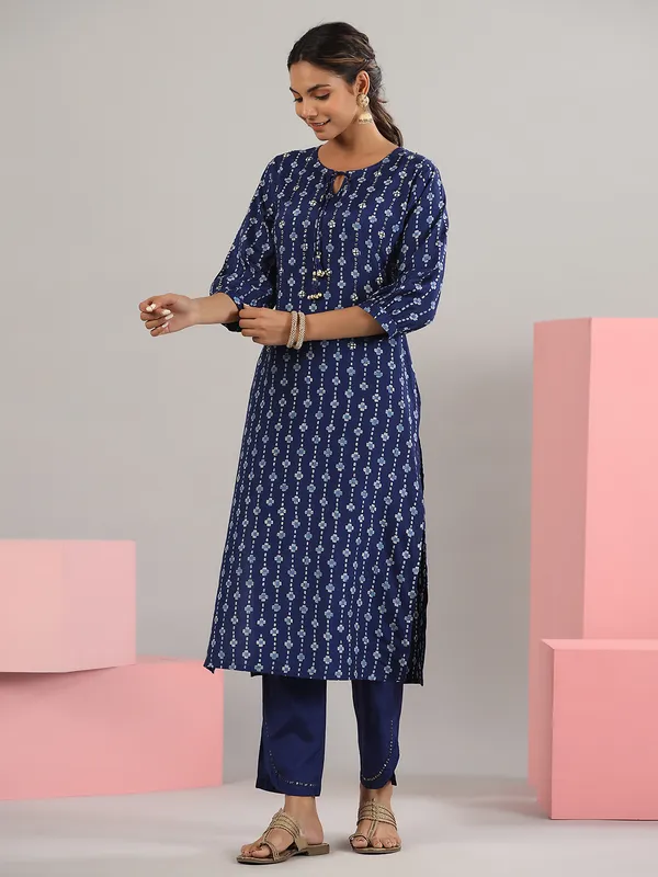 Printed cotton dark blue kurti with pant