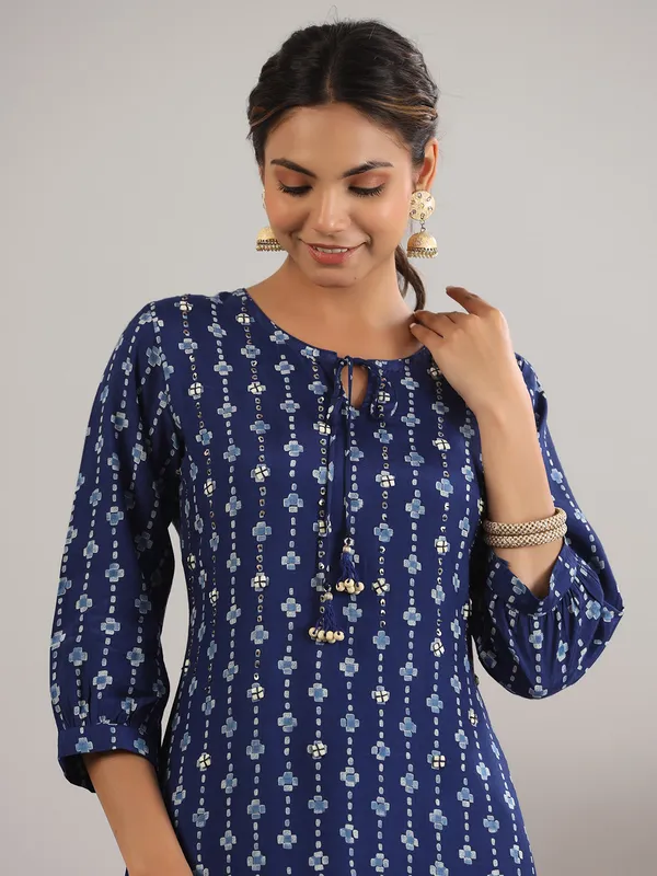 Printed cotton dark blue kurti with pant