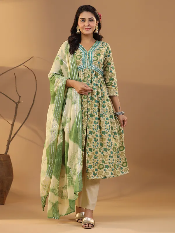 Printed cotton green kurti set